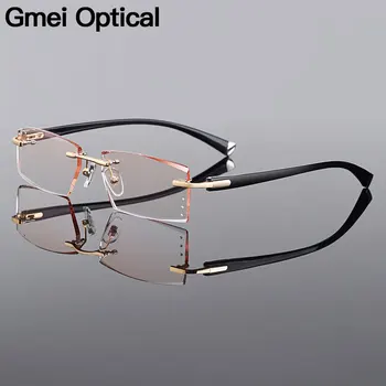Gmei Optični Kvadratnih Zlati Titanove Zlitine Men ' s Diamond Obrezovanje Rimless Očal Okvir Gradient Rjav Odtenek Plano Leče Q306