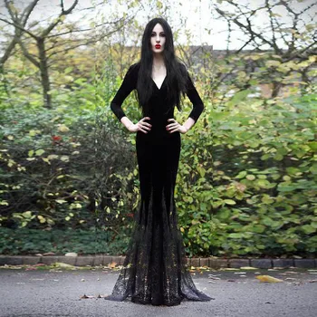 Odrasle Ženske Gotike Halloween Morticia Addams Duha Čarovnice Kostum Grozljivka Black Tla Čipke Obleko Obleke Haljo Oblačila Za Ženske