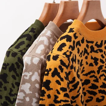 2020 Jeseni, Pozimi Ženske Pleteni Pulover Obleko Leopard Tiskanja Dva Kosa Iz Odrezana Pulover In Split Krilo Nastavite Sweatsuit Obleke