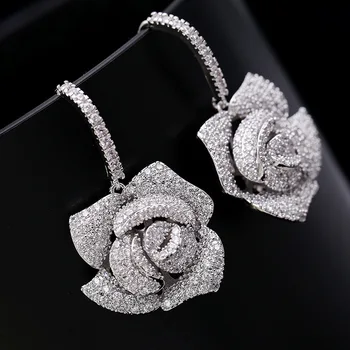 Bilincolor moda vroče prodati srebrne barve kristal rose cvet, veliki, luksuzni spusti uhan ženski poročni ženska uhani v nakit