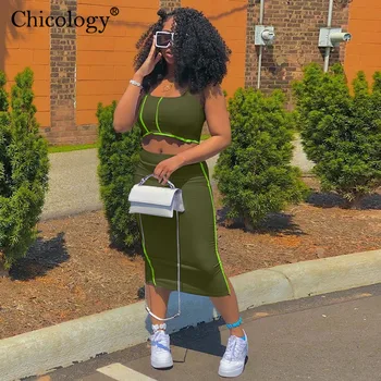 Chicology split neon trak 2 dva kosa ujemajoče niz obreži zgoraj krilo ulične ženske seksi oblačila 2020 modni klub obleke