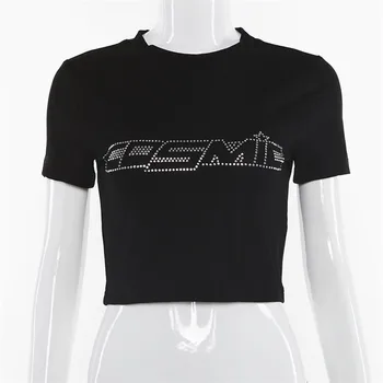 E-dekle Črne Seksi Y2k Obreži Zgoraj Poletje Žensk Pismo Tiskanja Kratka Sleeved O-Vratu Slim Stranka T-Shirt Harajuku Ulica 2020 Moda