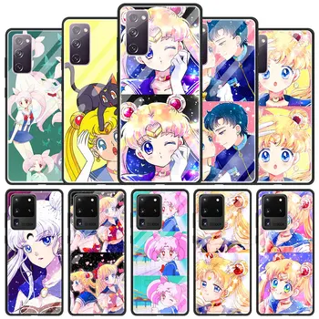 Kaljeno Steklo Primeru Funda Za Samsung Galaxy S20 S21 FE 5G S20 Ultra S10e S10 S8 S9 Plus Hrbtni Pokrovček Coque Sailor Moon Anime Capa