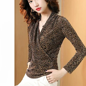 Žensk Pomlad Jesen Slog Bluze Rokavi Ženske Sequined Slim Leopard Natisnjeni Dolg Rokav Eleganten V-izrez Vrhovi DD8768
