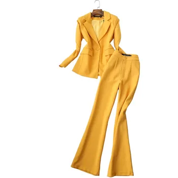 Visoka kakovost ženske hlače obleko 2019 novo jeseni in pozimi slim yellow ženska jakna Priložnostne elegantno trobenta hlače, dvodelne