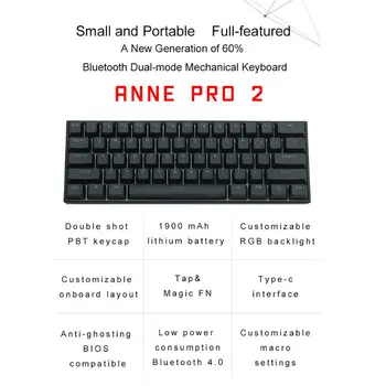 Anne Pro 2 60% NKRO Bluetooth 4.0 Tip-C RGB 61 Tipke Mehanske Gaming Tipkovnica Cherry Stikala Stikalo Gateron