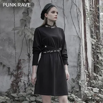 PUNK RAVE Dekle Gothic Črno Dolgo sleeved Obleko A-linije Casual Zgodaj Jeseni Kratka Obleka Ženske Ulične