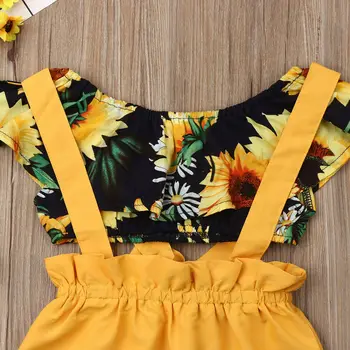 Newborn Baby Girl Obleke Sončnično Rastlinske Kratek Rokav Vrhovi Bib Hlače Trdne Hlače Bombaž Obleke, Kompleti Baby Sunsuit Playsuit