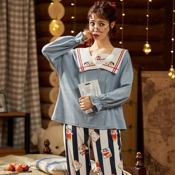 Ženske Pižame Nastavite Bombaž Priložnostne Homewear Ženske Pižame Hlače Jeseni Sleepwear Doma Obleko Mlade Ženske Pižame 2-delni Set