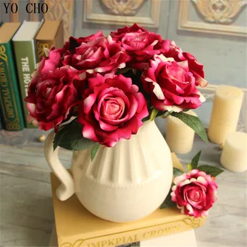 YO CHO (10 kos/veliko)Visoko simulacije kratek razvejano umetno peony šopek svile flanela rose cvet za dom poroka dekoracija