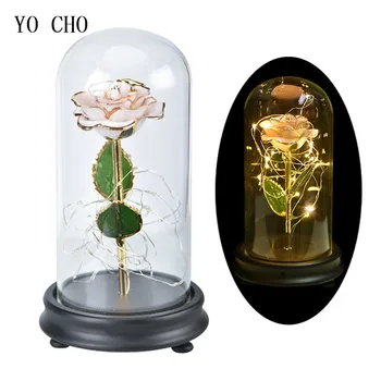YO CHO LED 24k pozlačeni Rose Flores v steklen Pokrov Umetno Konzervirane Cvetje, Poročne Matične Stranka Dekor valentinovo, Darila